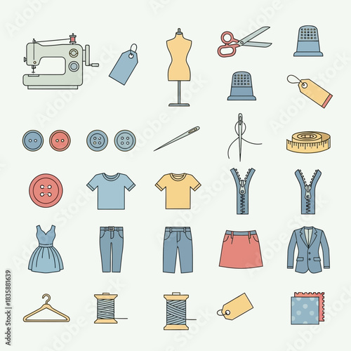 Discover a vibrant collection of sewing and fashion design icons perfect for crafting creative projects and modern apparel branding