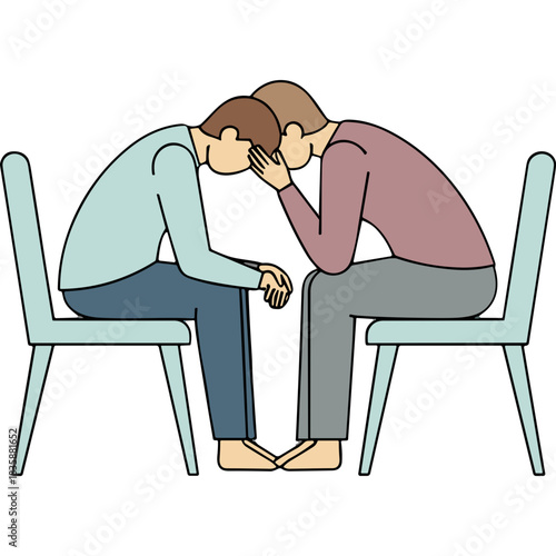 Two people sitting on chairs facing each other with heads bowed sharing a secret or offering comfort in a minimalist illustration with a black background