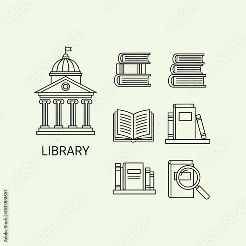 Explore knowledge and research with this modern collection of library and book icons perfect for educational and informational themes.