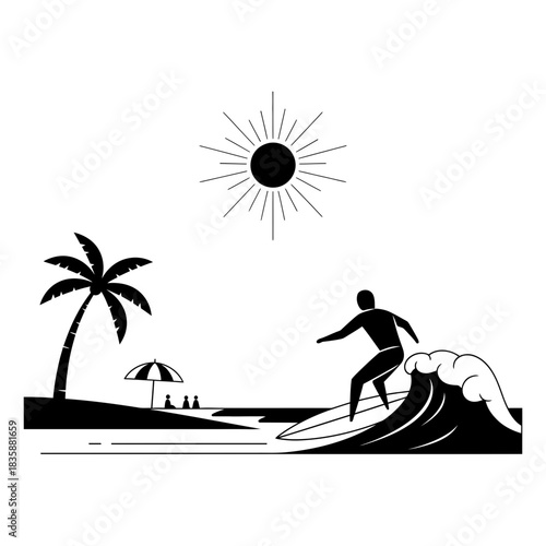 Dynamic surfer rides a powerful wave under a radiant sun, capturing the thrill of a perfect beach day with a tropical palm tree and relaxing figures nearby.