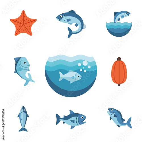 Vibrant underwater world illustrations featuring playful fish, a starfish, and oceanic elements creating a lively aquatic scene for design