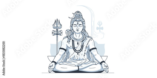 A serene illustration of Lord Shiva designed with clean precise outlines and subtle two-tone gradients