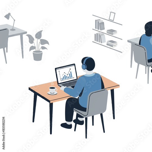 Man Working on Laptop with Headphones in Office