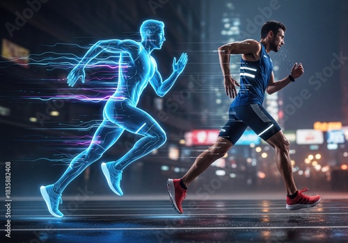 Dynamic Man Running with Futuristic Digital Twin Visualizing Performance