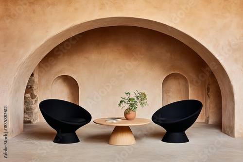 Modern seating arrangement in a minimalist interior with earthy tones and a touch of greenery for a serene ambiance.