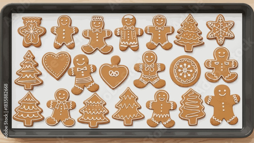 Assortment of festive decorated gingerbread cookies on a baking sheet.