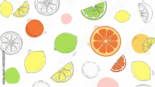 Colorful citrus fruit slices and whole fruits scattered on white background.