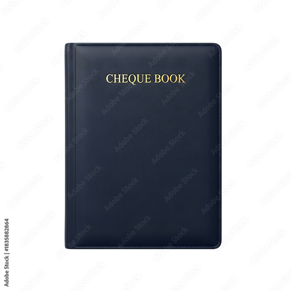 Naklejka premium Navy blue faux leather cheque book with golden embossed lettering for banking and finance transactions