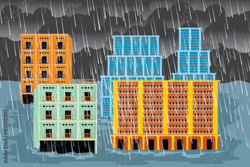 Vector illustration of tall buildings flooded during heavy rain, with dark clouds, strong rainfall, and rising water surrounding the structures.