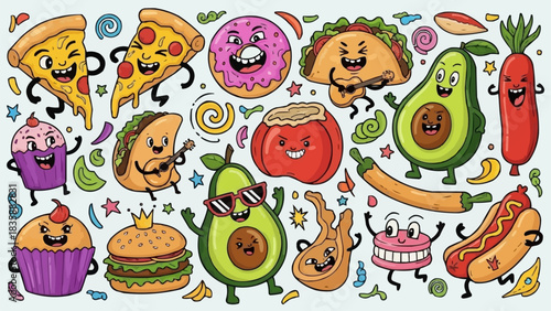 Cartoon Food Characters - Pizza, Taco, Avocado, Hotdog, Donut, and Cupcake.