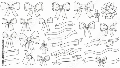 Hand-drawn collection of various bows and ribbons for festive decoration.