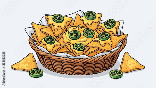 Basket of Delicious Nachos with Melted Cheese and Jalapenos.