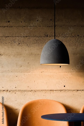 Stylish pendant lamp illuminating a modern interior with concrete walls and minimalist furniture, creating a cozy atmosphere.