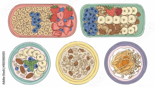 Illustrated set of healthy breakfast bowls with fresh fruit toppings.