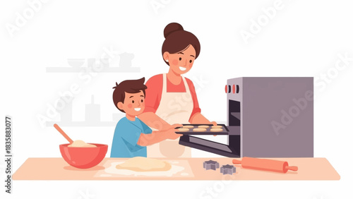 Mother and son baking cookies together in the kitchen.