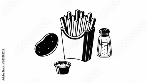Monochrome illustration of french fries potato salt and dipping sauce.