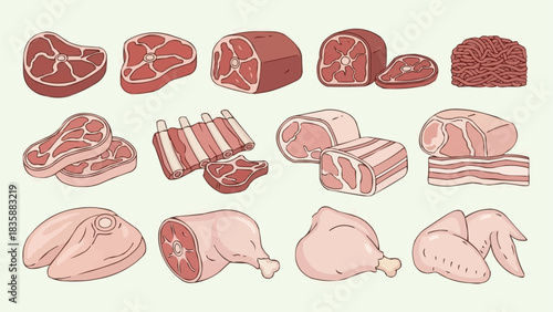 Various cuts of raw meat and poultry products for culinary use.