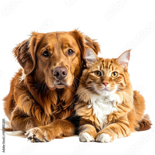 Affectionate dog and cat, orange fur, close together, against black backdrop