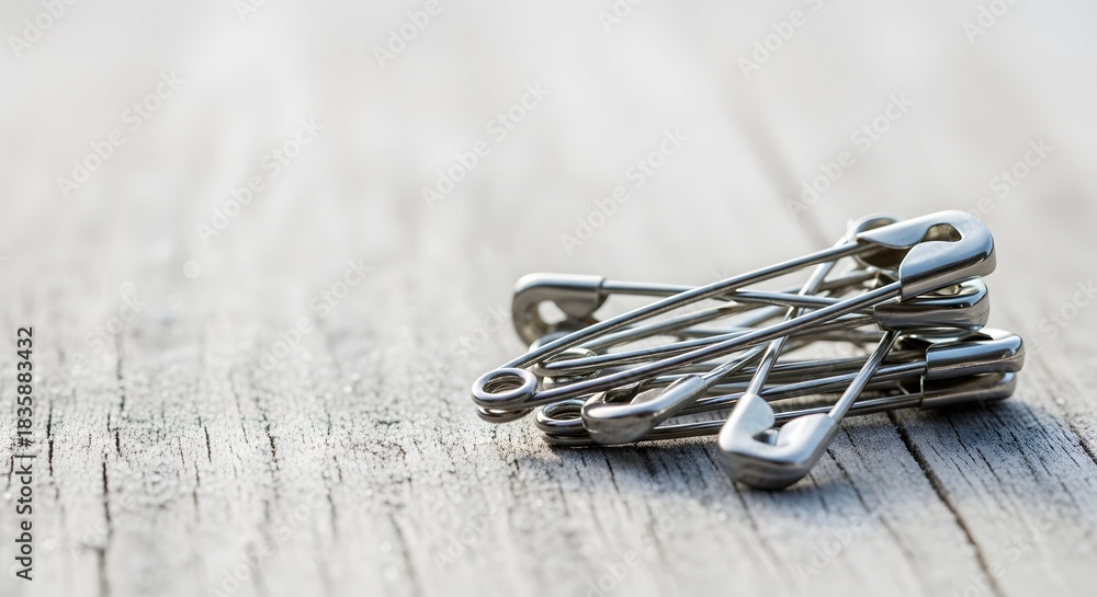 Fototapeta premium Silver safety pins piled on a frosty wooden texture for winter marathon race preparation concept and event day details