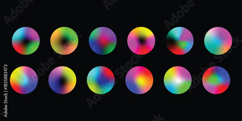 A colorful set of glossy 3D sphere icons with a shiny, round glass reflection.
