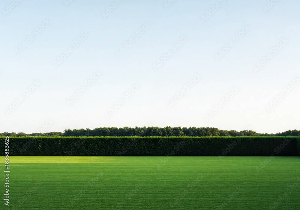 Naklejka premium Expansive green lawn and dense hedge with a row of trees against a bright clear sky