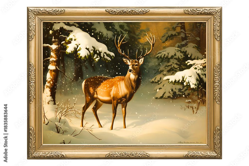 Fototapeta premium Painting of a majestic deer in a snowy forest winter scene with trees and snow framed art for home decor