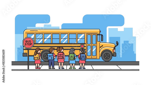 Flat Vector Scene of School Children Preparing to Board a Yellow School Bus at a Bus Stop in a Clean Urban Setting