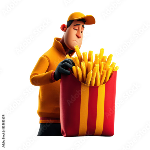 Culinary concept employee scooping fresh fries in fast food restaurant kitchen