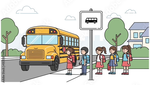 Flat Vector Illustration of School Children Preparing to Board a Yellow School Bus on a Neighborhood Street
