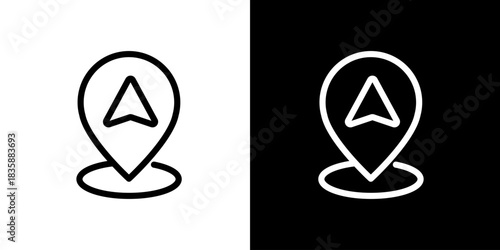 Modern vector icon graphic of a GPS location pin with an embedded navigation arrow, perfect for digital maps and mobile application interfaces, suitable for dark and light mode designs