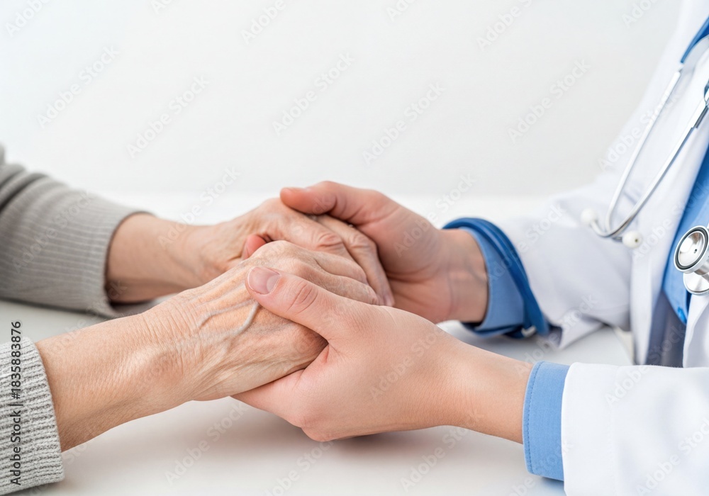 Obraz premium Doctor Comforts Elderly Patient with Gentle Hand Hold, Providing Support and Empathy in Medical Setting