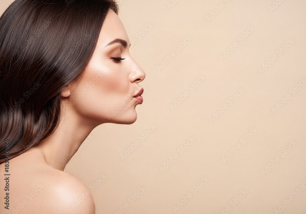 Fototapeta premium Beautiful woman profile with puckered lips ready for a kiss