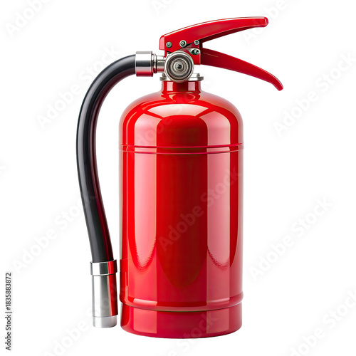 Red fire extinguisher with a black hose against a dark background