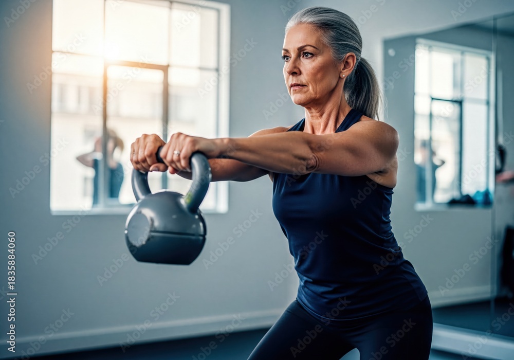 Fototapeta premium Active senior woman performing a powerful kettlebell workout
