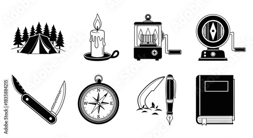 Foto Explore adventure with camping gear, navigation tools, writing instruments, and knowledge symbols for your next journey or project