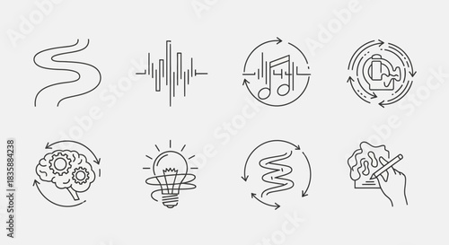 Dynamic icons illustrating processes like brain function, idea generation, music flow, and creative problem solving for modern concepts
