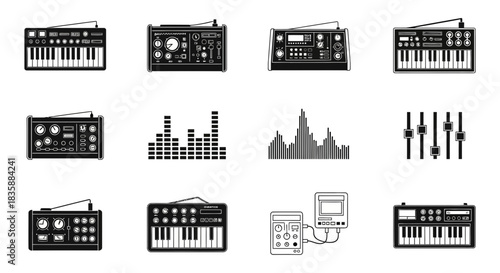 Diverse collection of vintage synthesizers, audio mixers, and sound wave visualizations for music production and creative projects