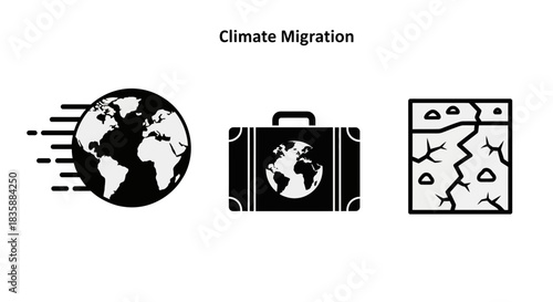 Global displacement icons depicting earth moving, a suitcase with world map, and cracked dry land symbolizing climate migration challenges and solutions
