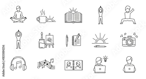 Inspiring icons collection for morning routines, creative hobbies, and productive work sessions, perfect for wellness and business concepts