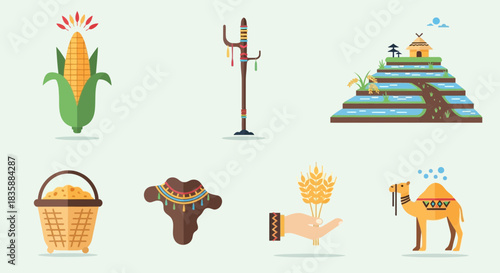 Vibrant collection of flat design icons representing agriculture, culture, and travel across diverse global landscapes and traditions