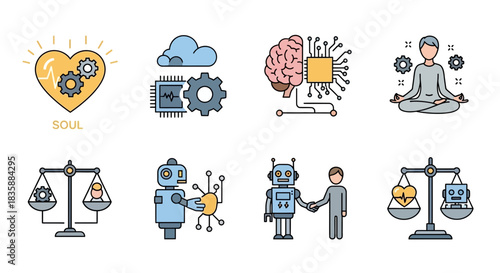 Explore the dynamic intersection of human intellect, technology, and artificial intelligence with these conceptual icons representing innovation and progress.