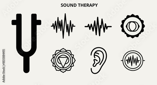 Modern sound therapy icons including tuning fork, waveform, ear, and chakra symbols for wellness and healing concepts