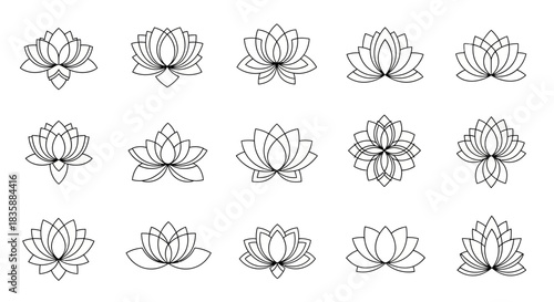Elegant lotus flower icons and symbols showcasing serene beauty for wellness, yoga, and spiritual branding needs.