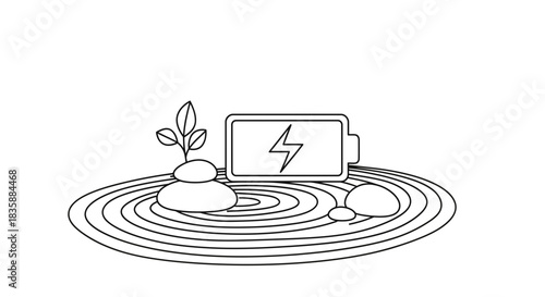 Zen energy balance, a sprouting plant and charged battery symbolizing sustainable power and natural growth, perfect for eco-friendly concepts.