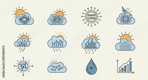 Dynamic AI cloud icons showcase data growth, tech circuits, and innovative network connections with sunny and rainy weather themes