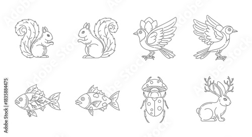 Charming collection of whimsical woodland creatures and insects with unique decorative elements and artistic flair