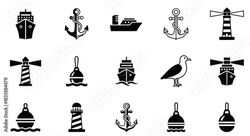 Dynamic maritime icons capturing nautical adventure and ocean voyages with ships anchors lighthouses and seagulls