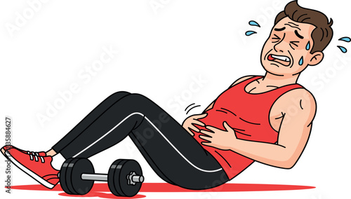 Fitness man suffering abdominal pain during workout holding stomach in discomfort beside dumbbell in cartoon vector illustration