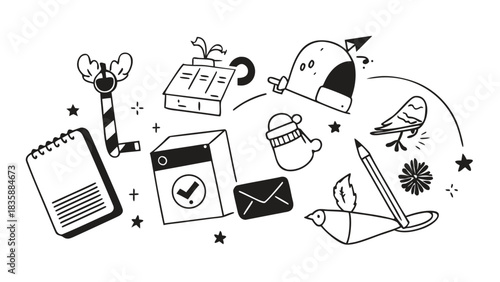 Hand Drawn Doodle Vector Set of Various Communication and Creative Elements