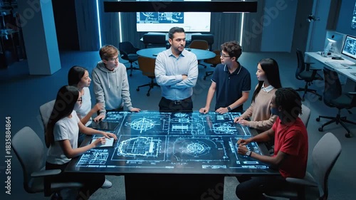 Group of diverse people working on futuristic technology project, blueprint design, team collaboration, engineering plan, innovative concept, technology, teamwork, modern office